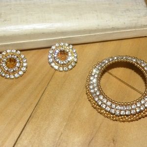 Vintage Gold and Rhinestone Circle Brooch and Clip on Earrings